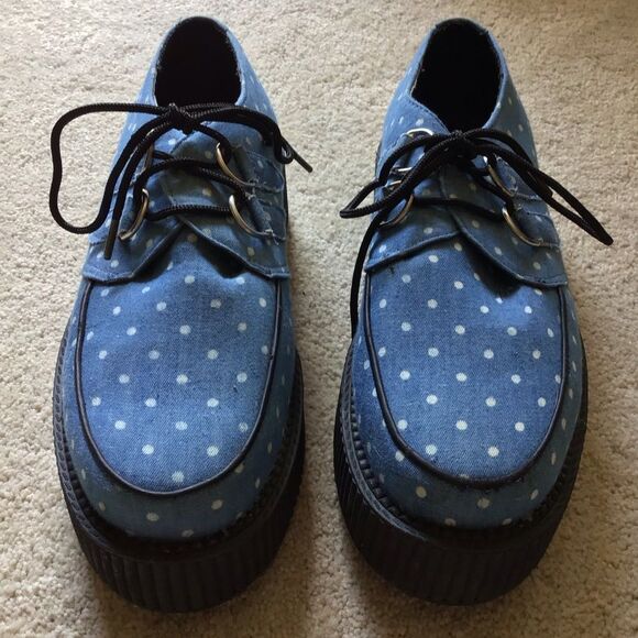 T.U.K Unisex Blue and White Denim Polka Dot Viva Mondo Creeper Platforms - Picture 7 of 9
